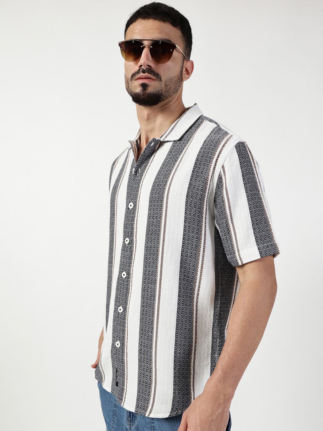 Thomas Scott Men Premium Spread Collar Vertical Striped Cotton Slim Fit Casual Shirt