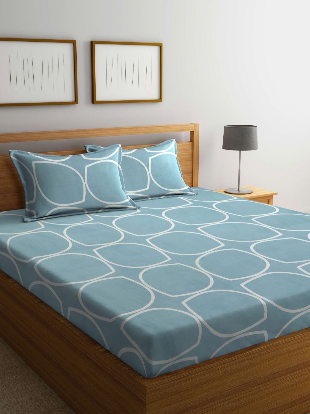 Myntra Elegant Homes Blue & White Geometric 300 TC King Bedsheet with 2 Pillow Covers