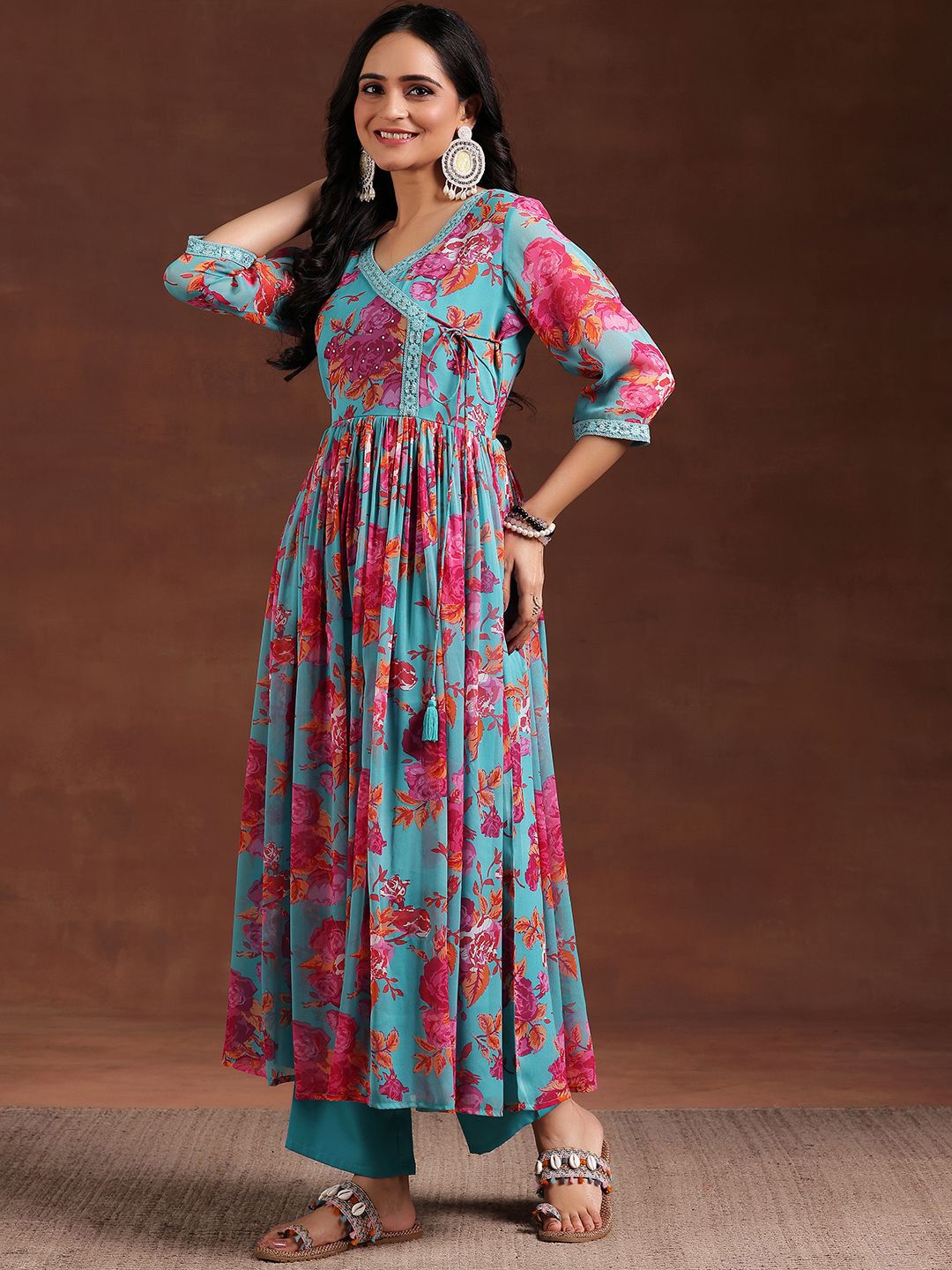 Libas Women Floral Printed Pleated Sequinned Kurta with Trousers & With Dupatta