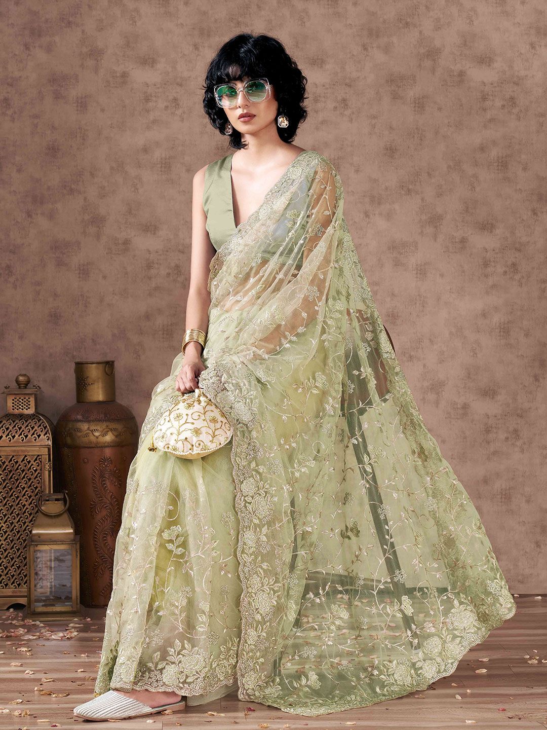 Tikhi Imli Floral Embroidered Net Saree