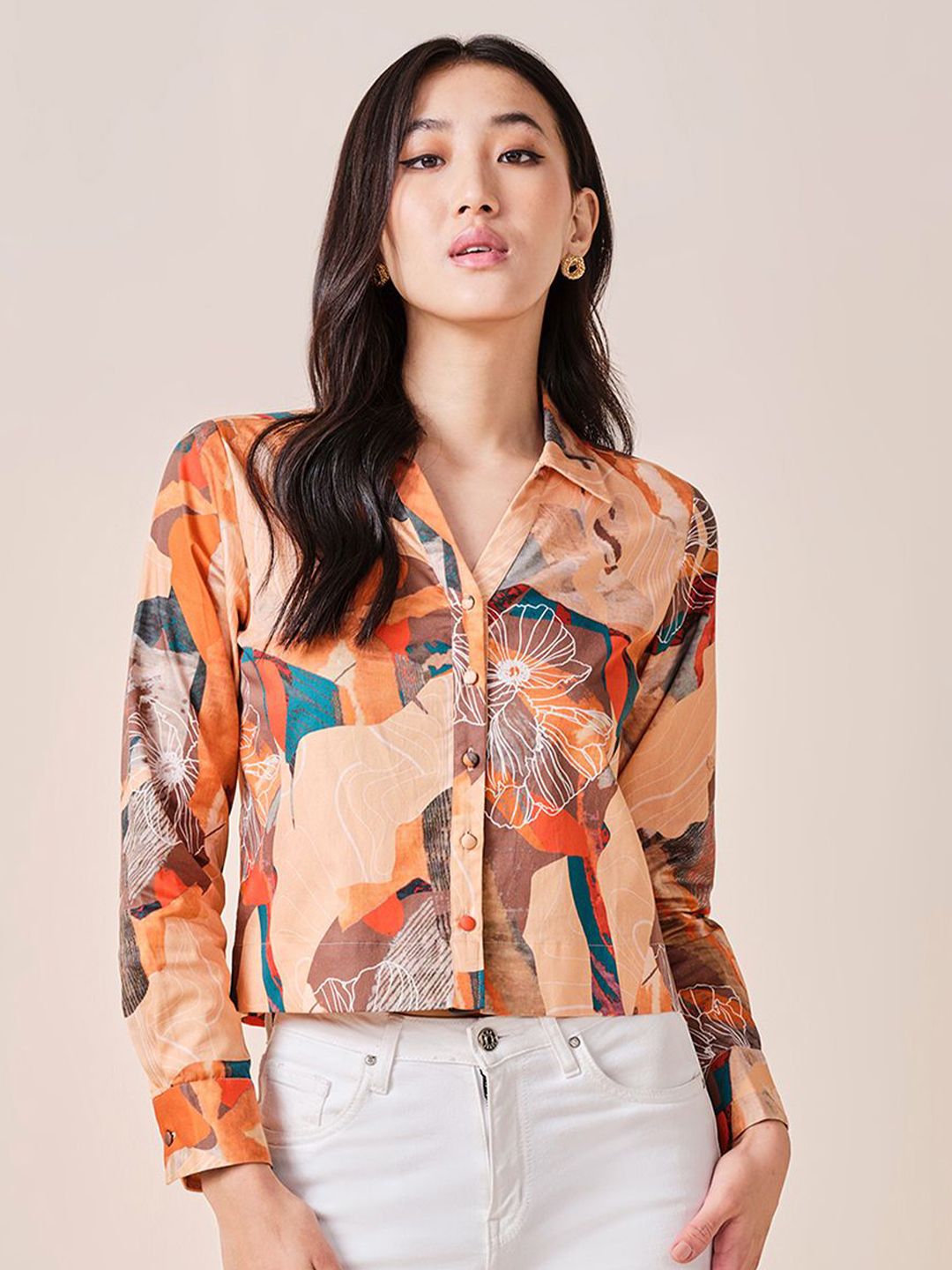 AND Abstract Printed Cuffed Sleeves Cotton Shirt Style Top