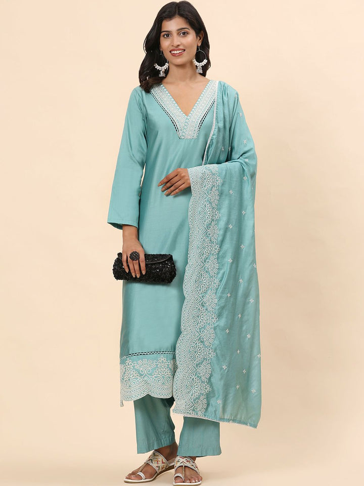 Mamicha Women Floral Embroidered Thread Work Pure Cotton Kurta with Palazzo & Dupatta