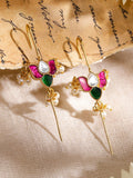 Rubans 22K Ruby berlapis emas, zamrud, kundan studded & mutiara manik berbentuk telinga berbentuk teratai