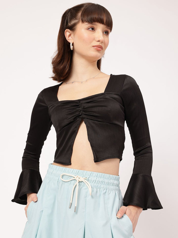 DressBerry Fusion & Finesse Bell Sleeve Textured Front-Slit Crop Top