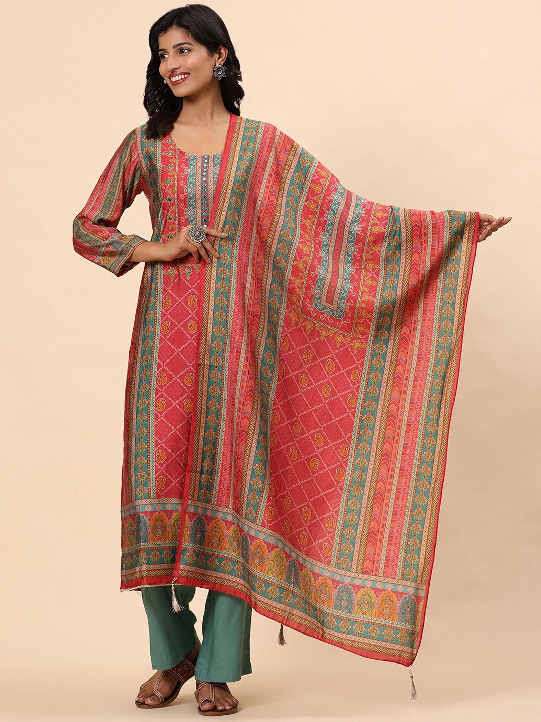 Mamicha Women Ethnic Motifs Printed Regular Mirror Work Pure Cotton Kurta with Trousers & With Dupatta