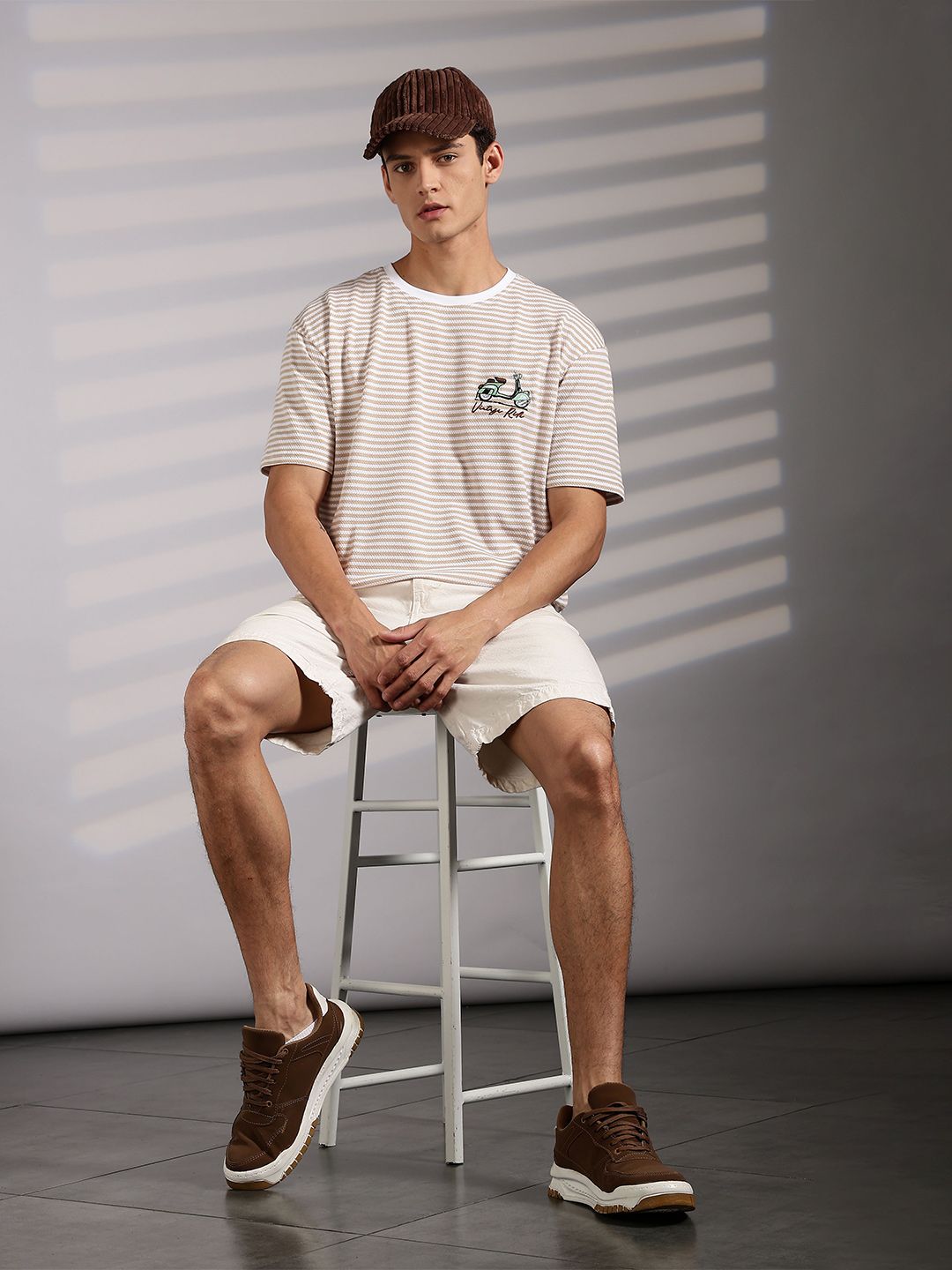 Eszett Drop Shoulder Vintage Ride Cream Striped Embroidered Cotton Round Neck Oversized Fit T-shirt
