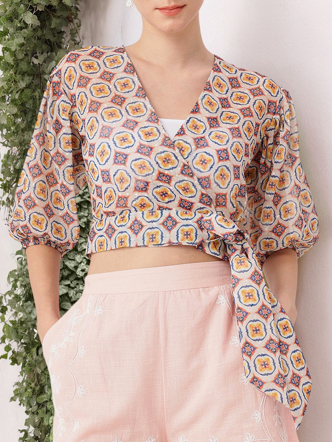 DressBerry Stylish Heritage Print Semi Sheer Crop Wrap Top With Inner Slip
