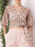 DressBerry Stylish Heritage Print Semi Sheer Crop Wrap Top With Inner Slip