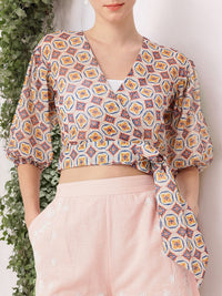 DressBerry Stylish Heritage Print Semi Sheer Crop Wrap Top With Inner Slip