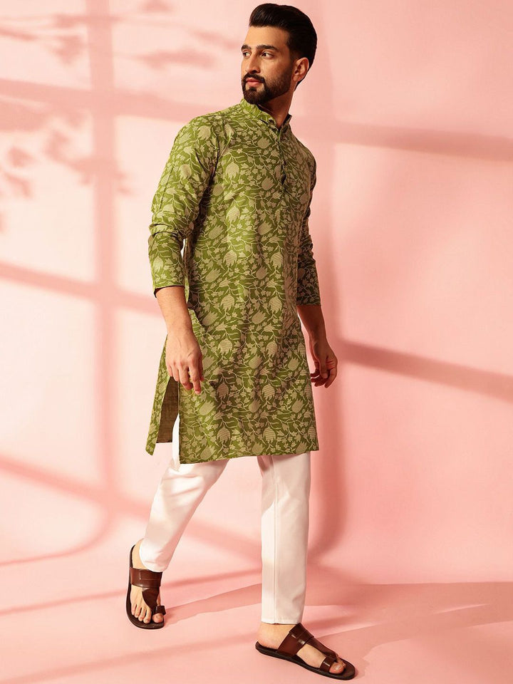 Anouk Floral Printed Band Collar Cotton Linen Straight Kurta
