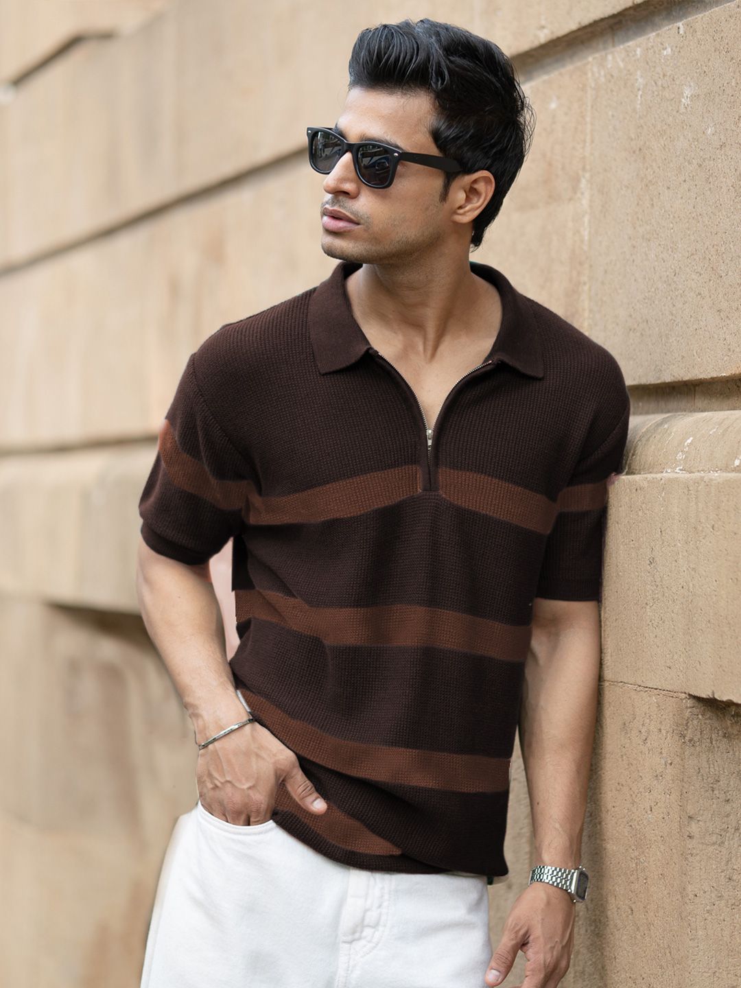 Powerlook Men Striped Polo Collar Cotton T-shirt