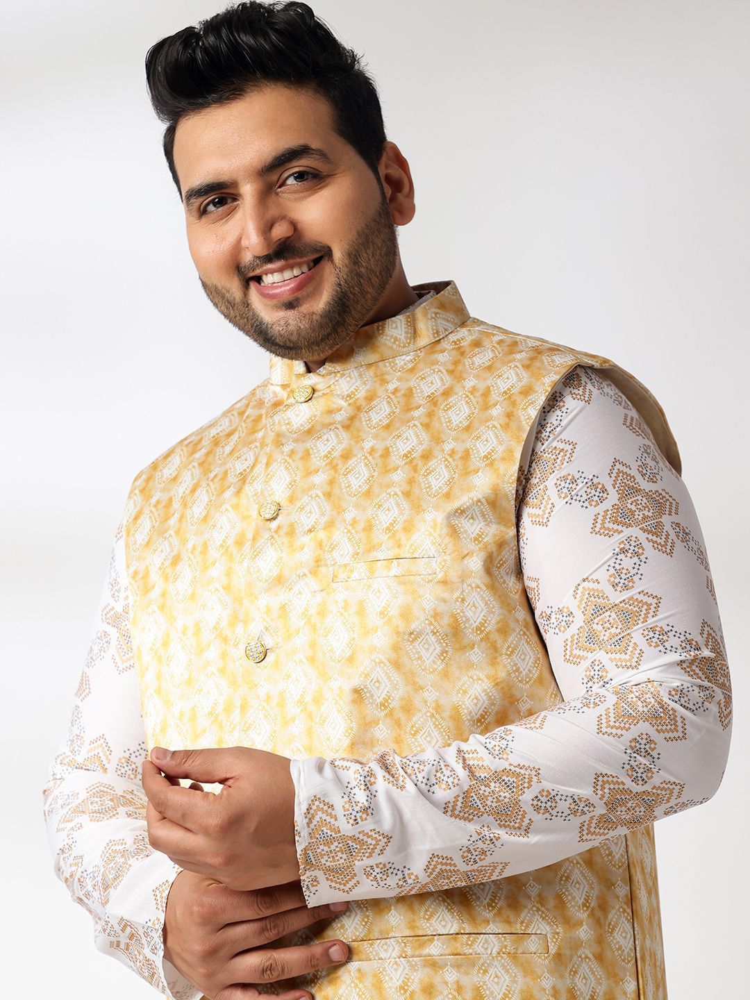 SOJANYA PLUS Kurta Lurus Kolar Mandarin Bercetak Geometri Dengan Piyama & Jaket Nehru