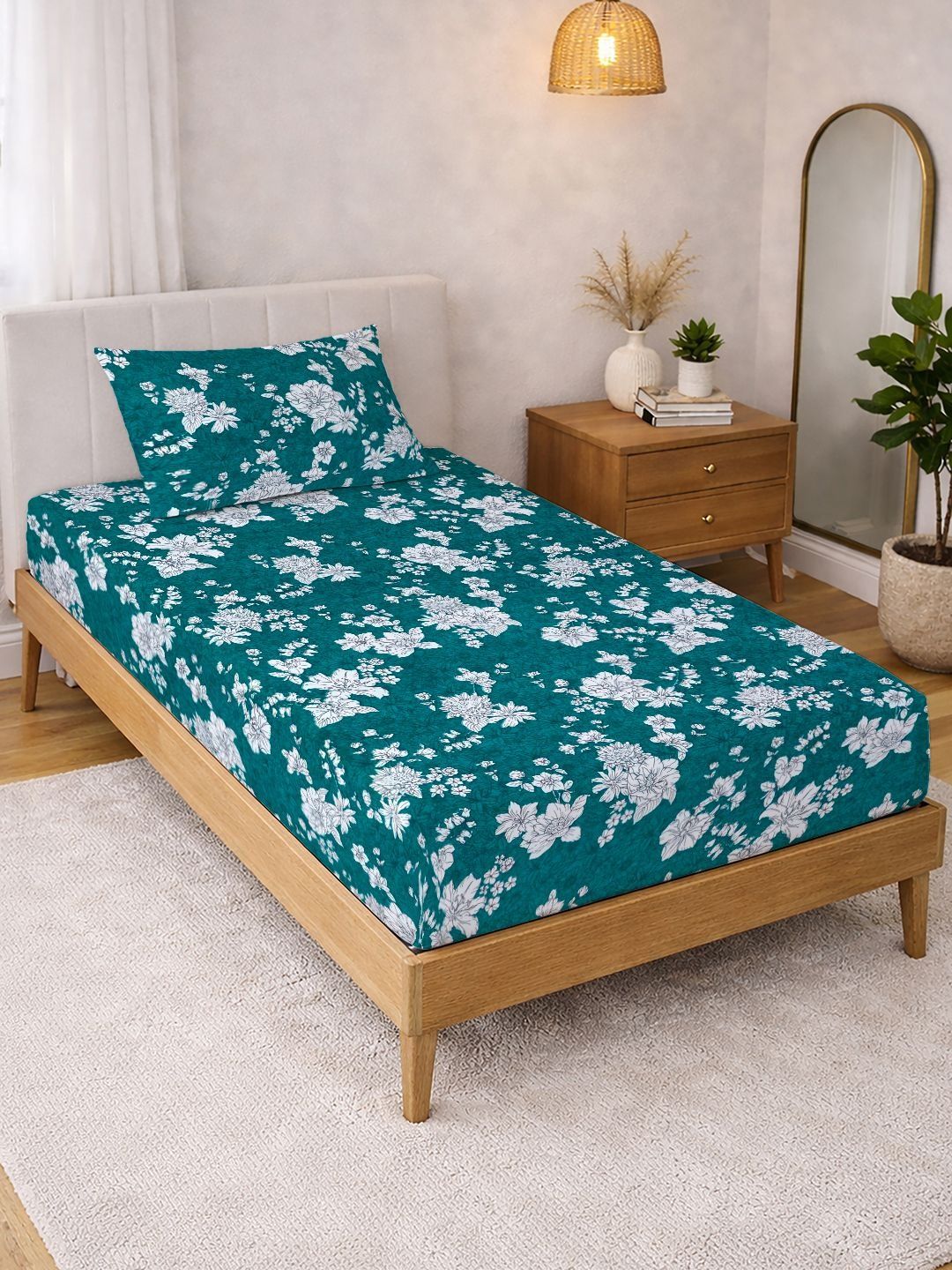 KLOTTHE Hijau & Putih Bercetak 300 TC Cadar Single Dengan Sarung Bantal- 2.25 m x 1.5 m