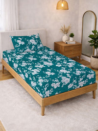 KLOTTHE Hijau & Putih Bercetak 300 TC Cadar Single Dengan Sarung Bantal- 2.25 m x 1.5 m