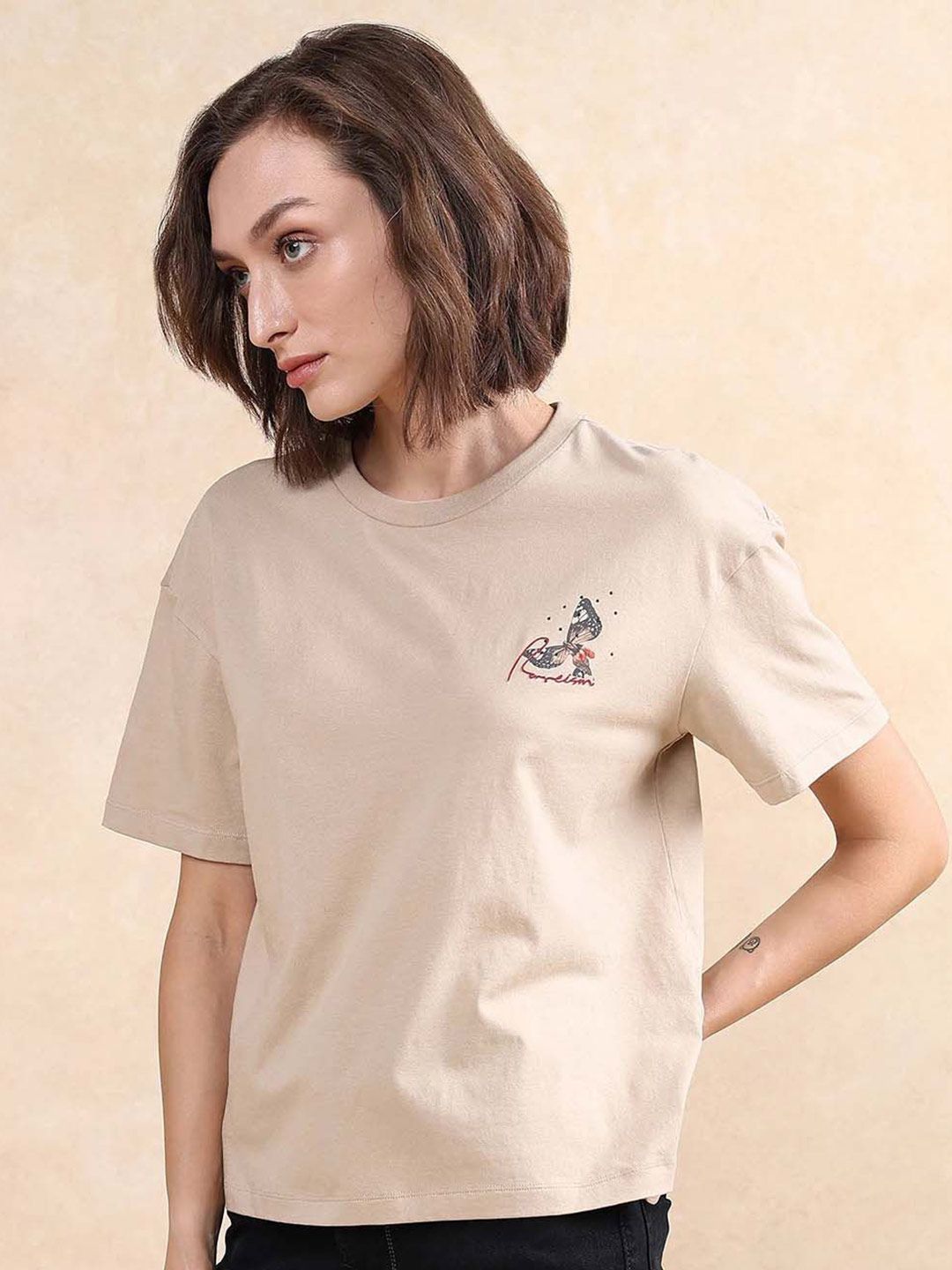 Rareism Wanita Grafik Bercetak Kapas Leher Pusingan T-shirt Santai