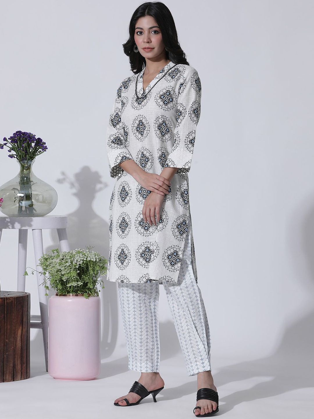 W Ethnic Motifs Printed Mirror Work Pure Cotton Straight Kurta & Trousers With Dupatta