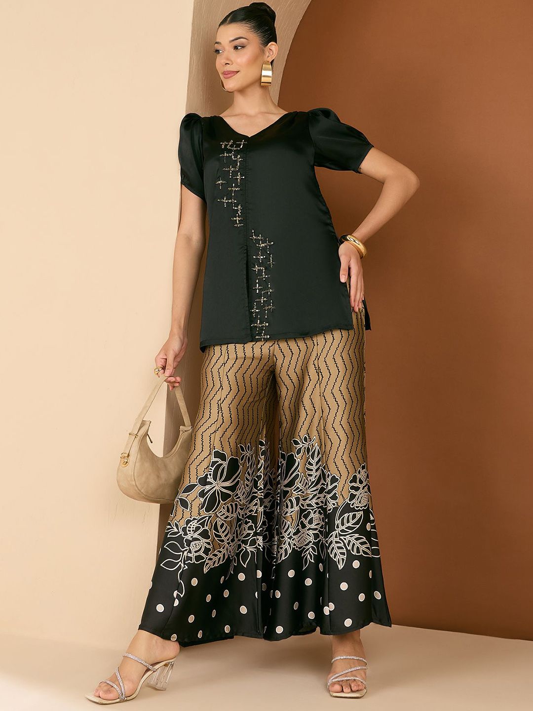 Antheaa Embellished V-Neck Top With Palazzos Co-Ords