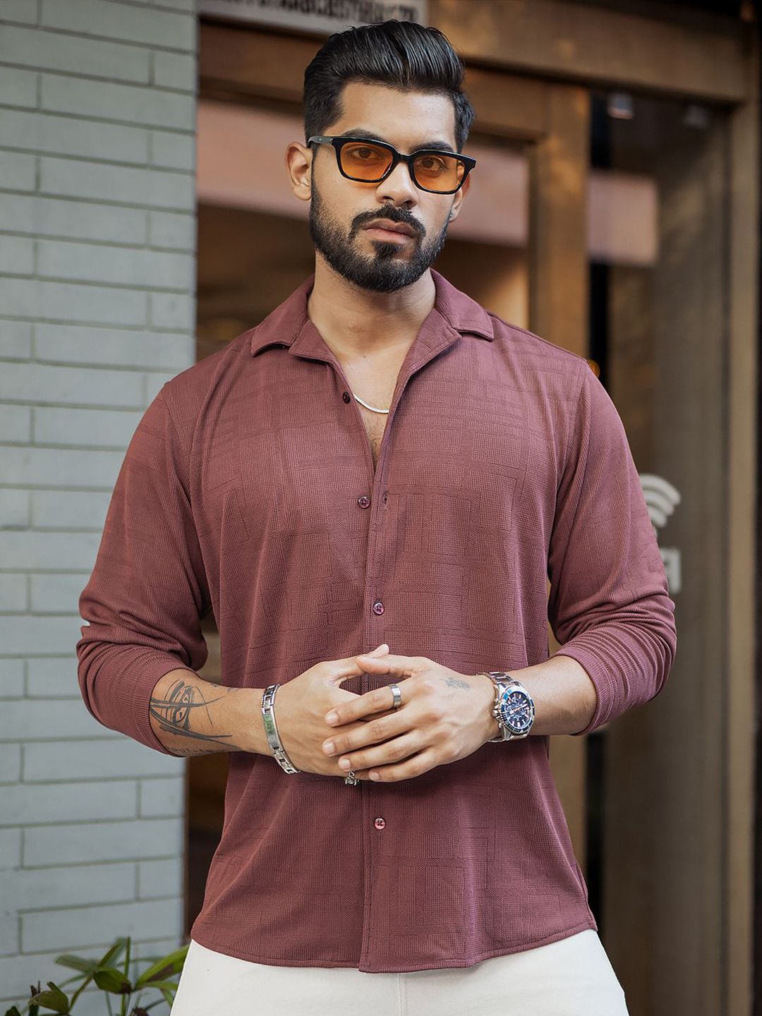 Powerlook Men Cuban Collar Textured Regular Fit Casual Shirt
