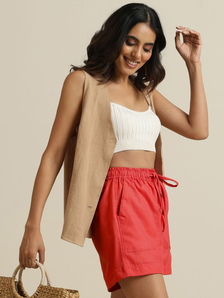 trueBrowns Women Red Cotton Blend Shorts With Drawstring