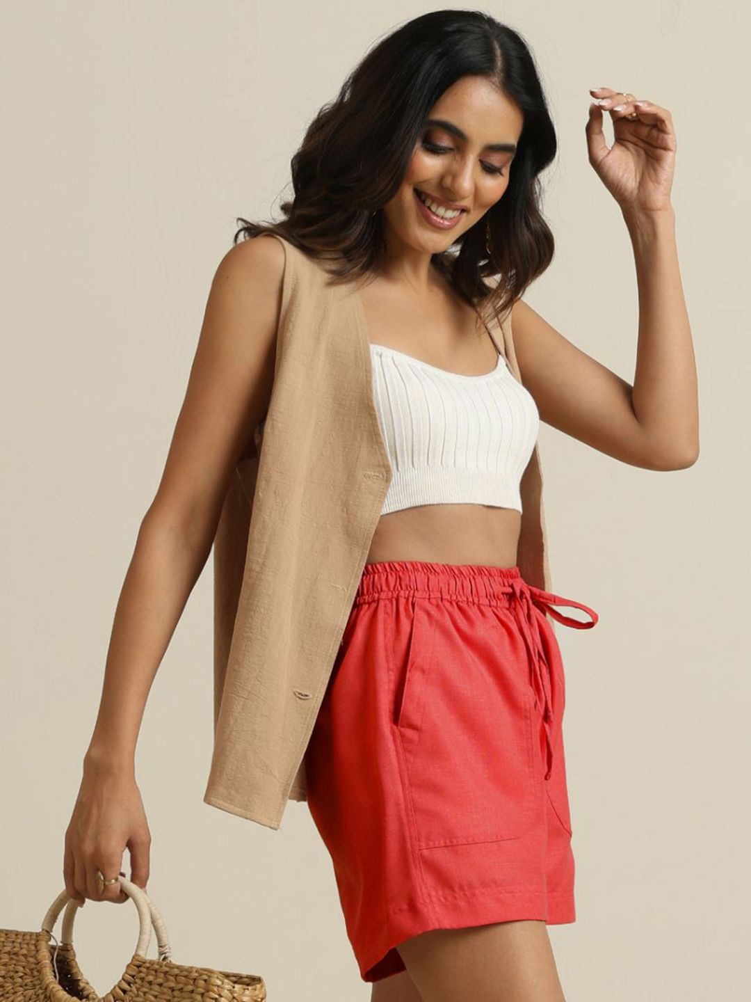 trueBrowns Women Red Cotton Blend Shorts With Drawstring