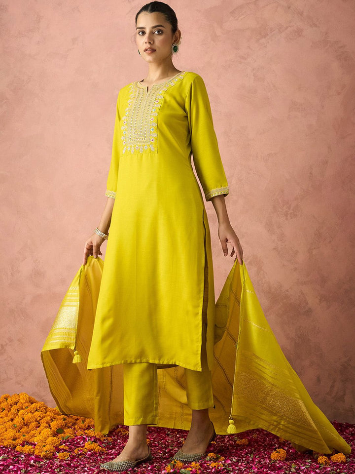 KALINI Ethnic Motifs Embroidered Sequinned Straight Kurta With Trouser & Dupatta