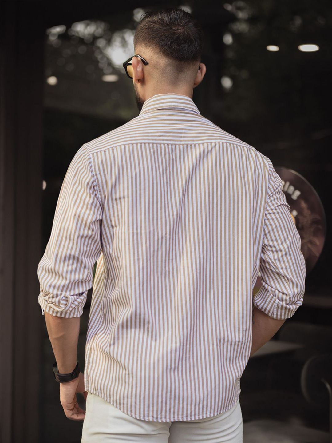 Powerlook Men Spread Collar Vertical Striped Cotton Casual Shirt