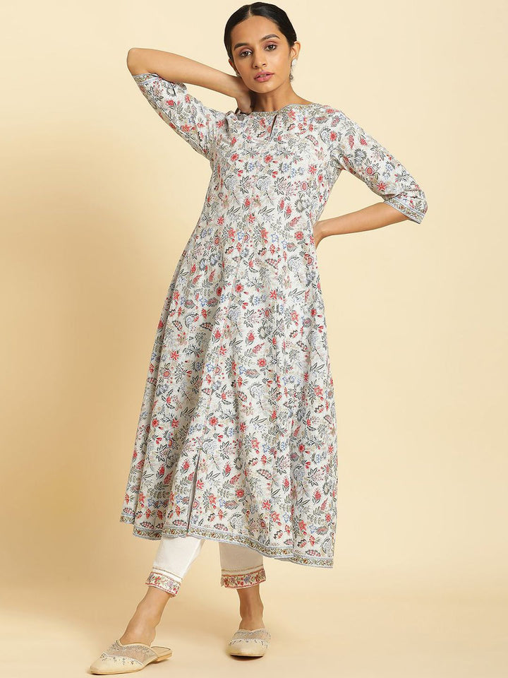W Women Floral Printed Keyhole Neck Cotton Anarkali Kurta