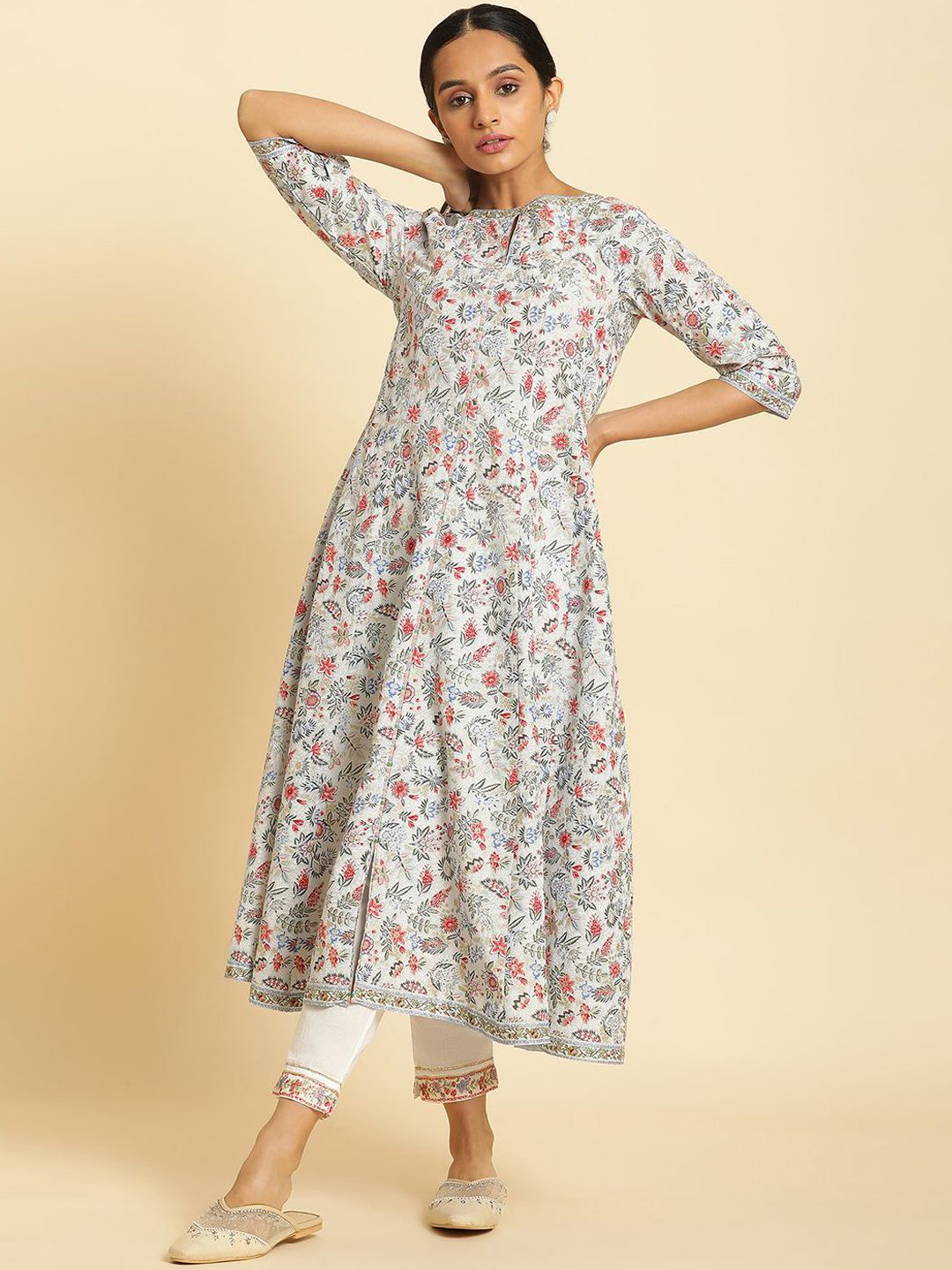 W Women Floral Printed Keyhole Neck Cotton Anarkali Kurta
