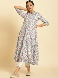 W Women Floral Printed Keyhole Neck Cotton Anarkali Kurta