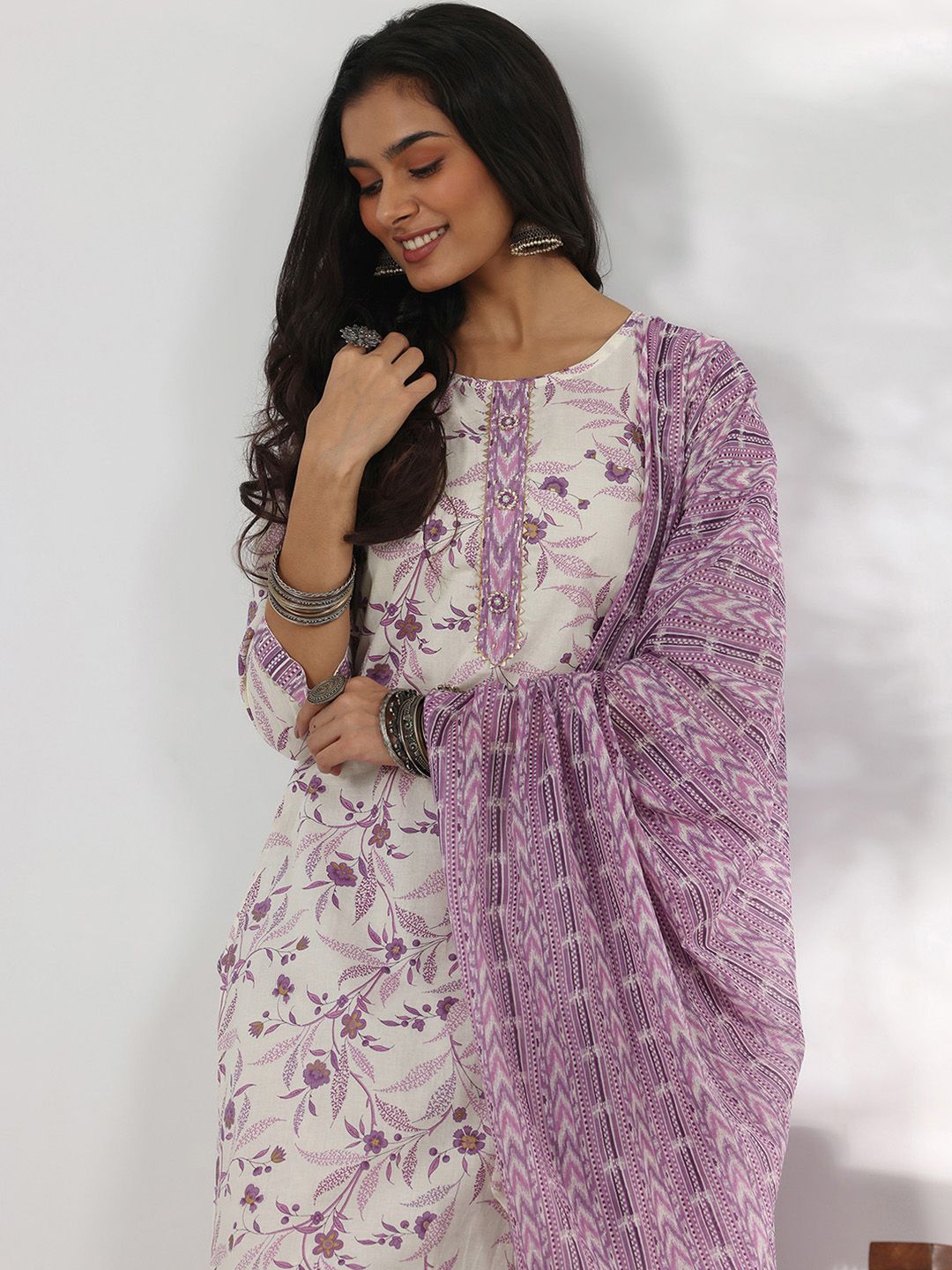 Libas Floral Printed Gotta Patti Pure Cotton Straight Kurta with Trousers & Dupatta