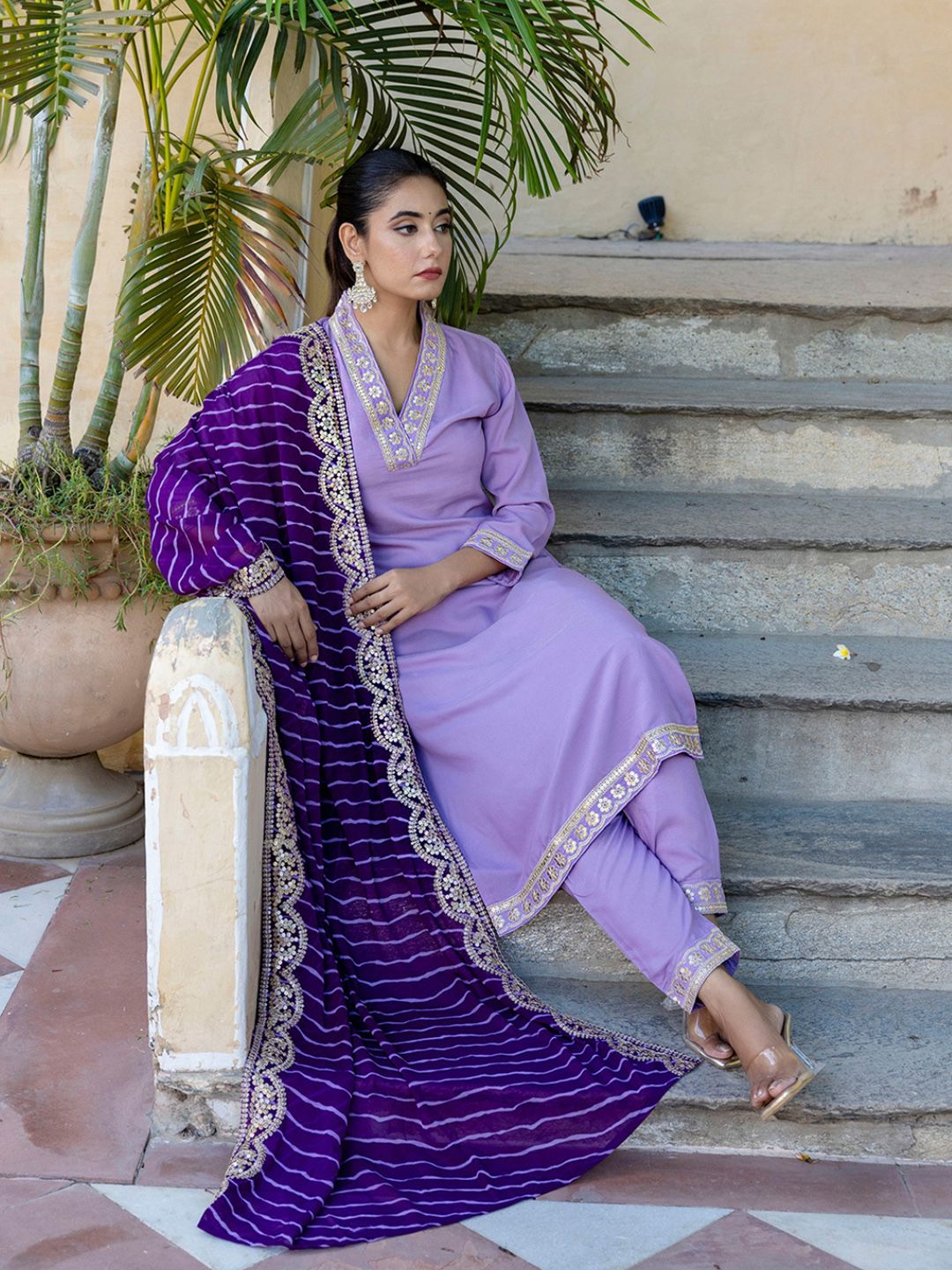 KALINI V-Neck Zari Mirror Work Kurta with Trousers & Dupatta
