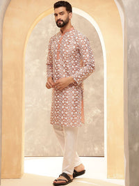 Anouk Peach & White Band Collar Floral Sulam Kurta Lurus