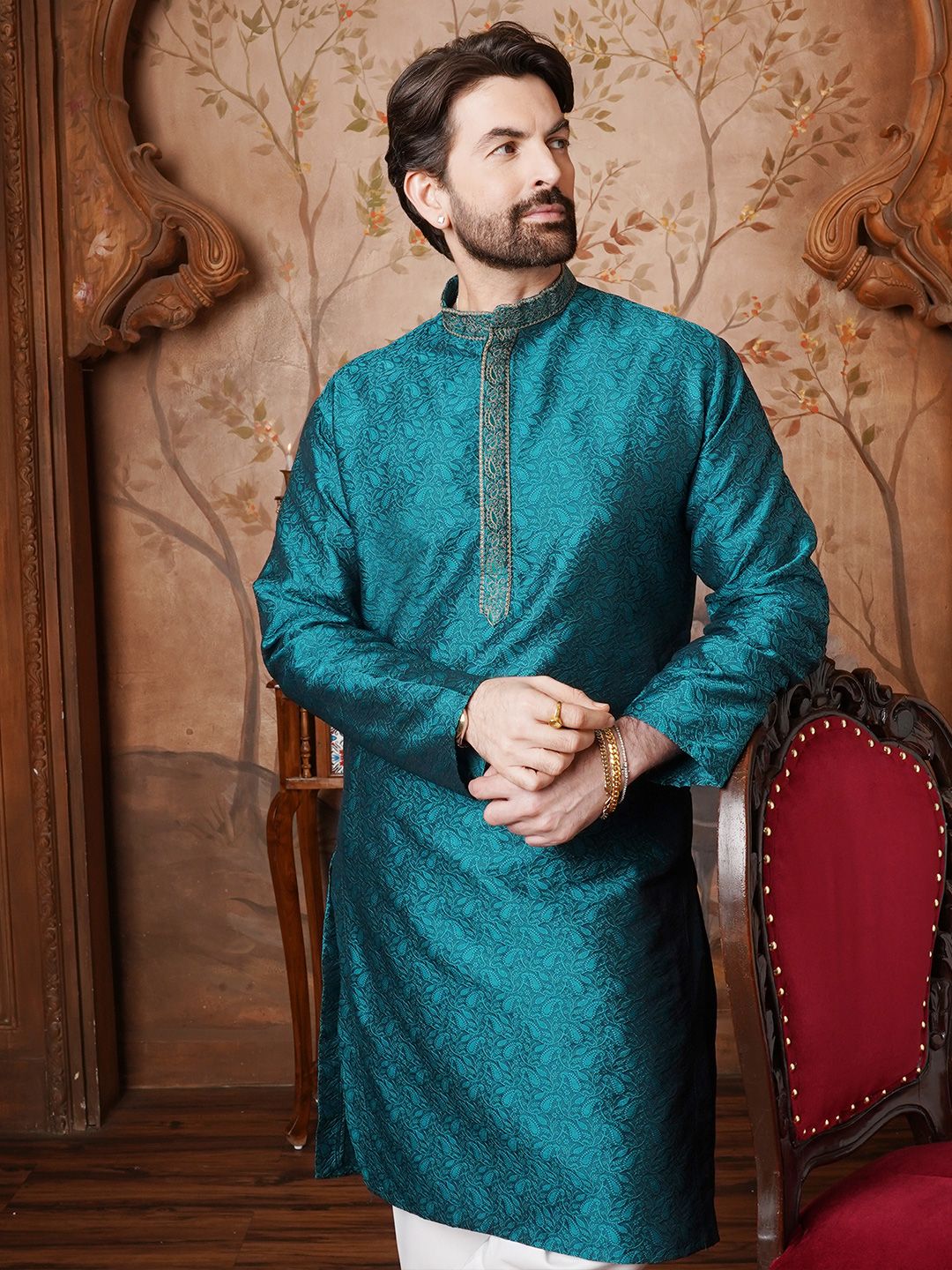 SOJANYA Men Teal Woven Design Straight Kurta