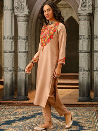 House of Chikankari Women Beige Woollen Aari Embroidered Kurta Set