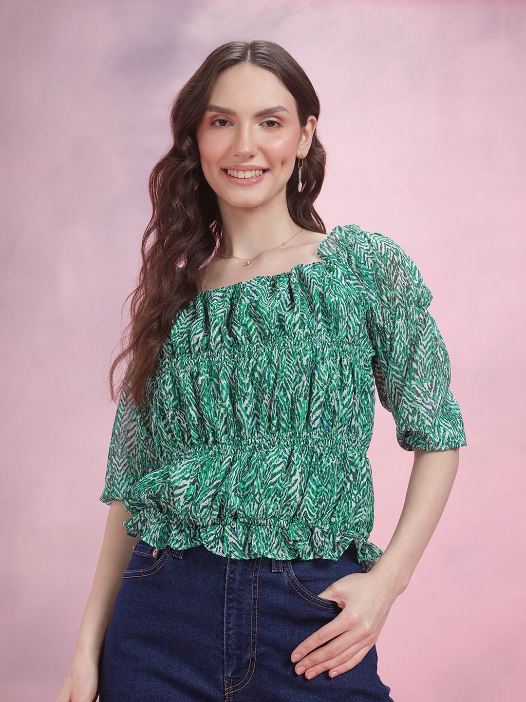 DressBerry Printed Puff Sleeve Smocked Top