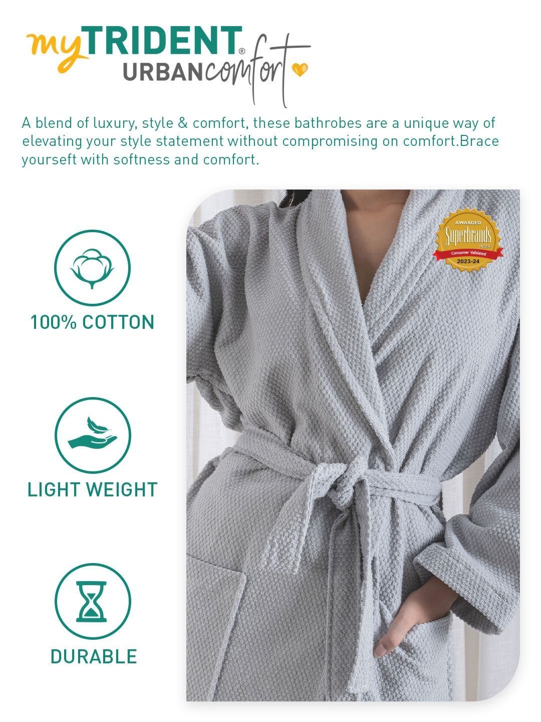 MYTRIDENT Grey 240 GSM Pure Cotton Bath Robe
