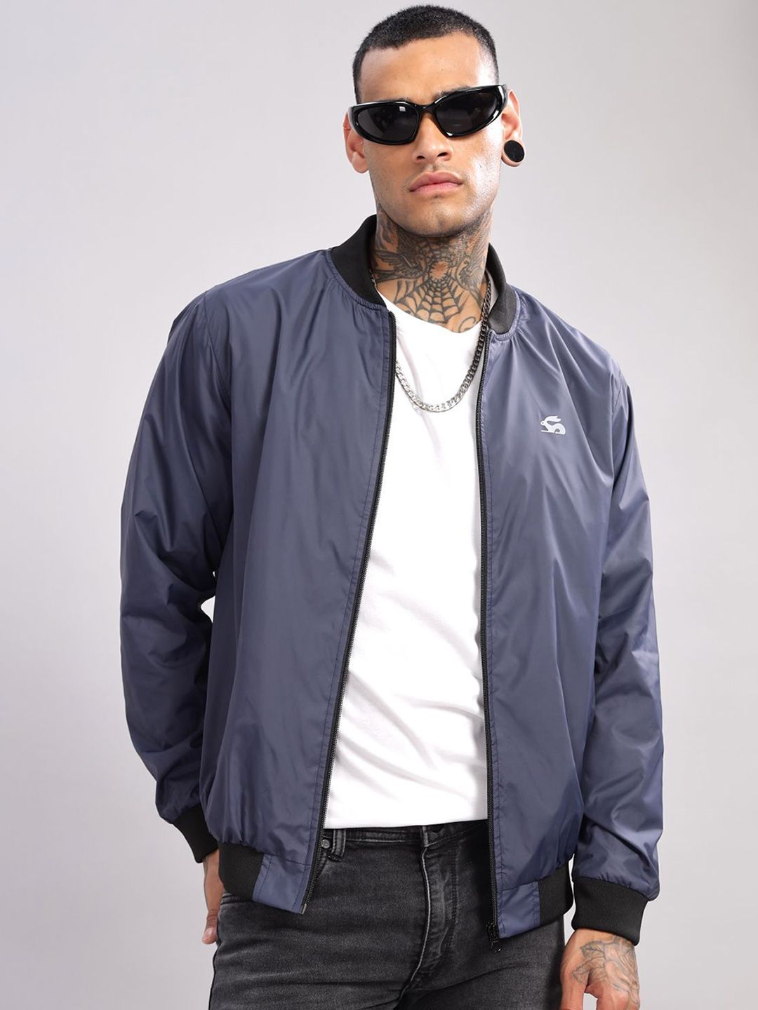 ADRO Men Stand Collar Solid Casual Bomber Jacket