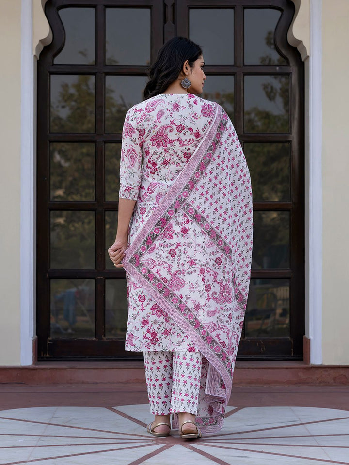 Kalini Wanita Paisley Kurta Kapas Tulen Biasa Dengan Seluar & Dengan Dupatta