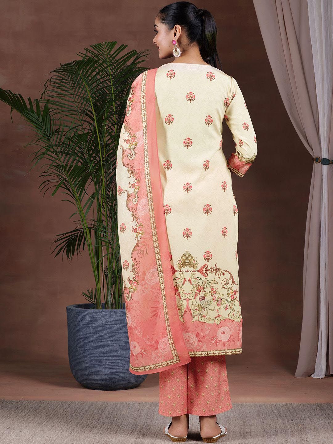 Libas Floral Printed Keyhole Neck Straight Kurta with Trousers & Dupatta