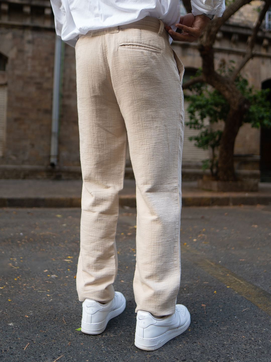 Powerlook Men Beige Pure Cotton Regular Fit Crinkled Trousers