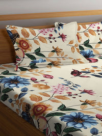 Myntra Elegant Homes Cream Floral Polycotton 300 TC Fitted King Cadar Tempat Tidur Halus dengan 2 Sarung Bantal-250 x 220 cm