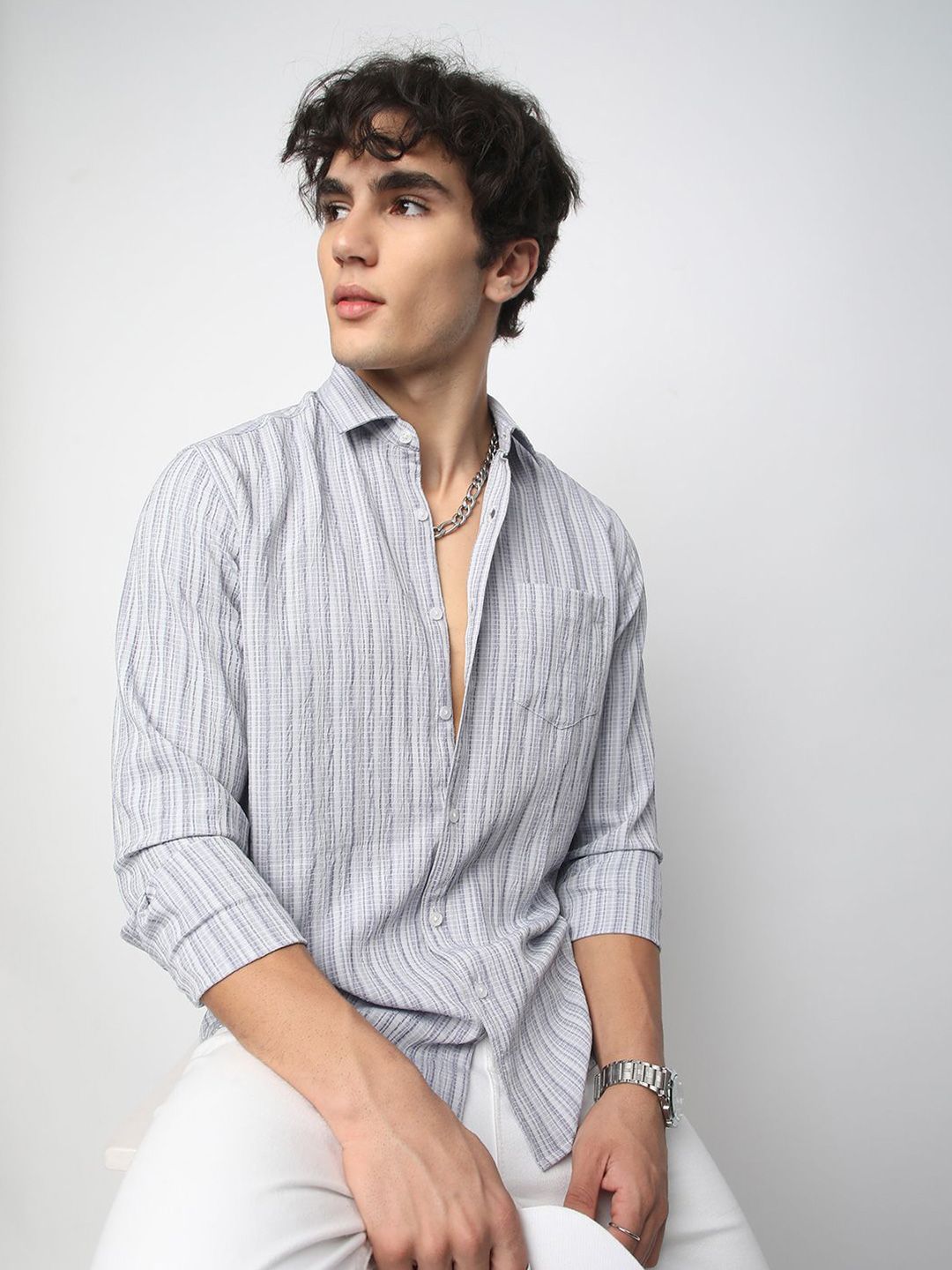 VASTRADO Men Classic Spread Collar Textured Slim Fit Casual Shirt