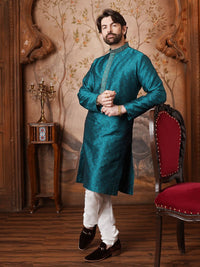 SOJANYA Men Teal Woven Design Straight Kurta