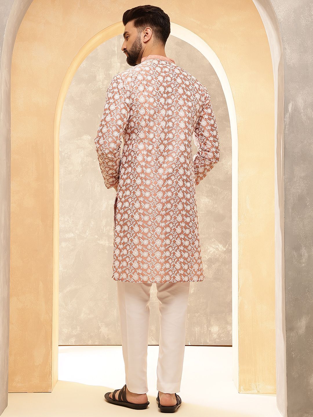 Anouk Peach Floral Embroidered Mandarin Collar Straight Kurta With Pyjamas