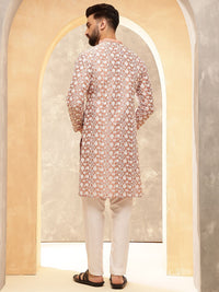 Anouk Peach Floral Embroidered Mandarin Collar Straight Kurta With Pyjamas