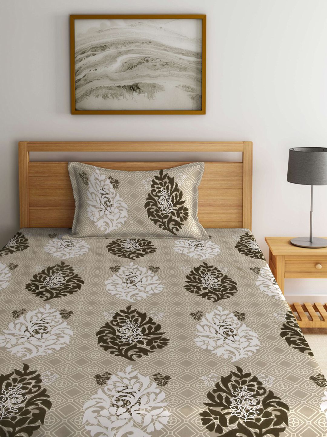 KLOTTHE  Brown Ethnic Motifs Printed 300TC Fitted Single Bedsheet With Pillow Cover