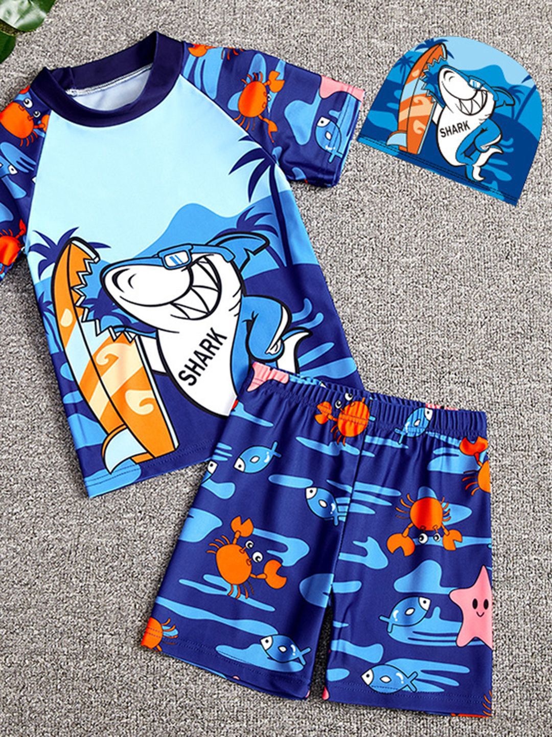 YK Girls Cartoon Shark Printed Nautical Short Sleeves Swim Set