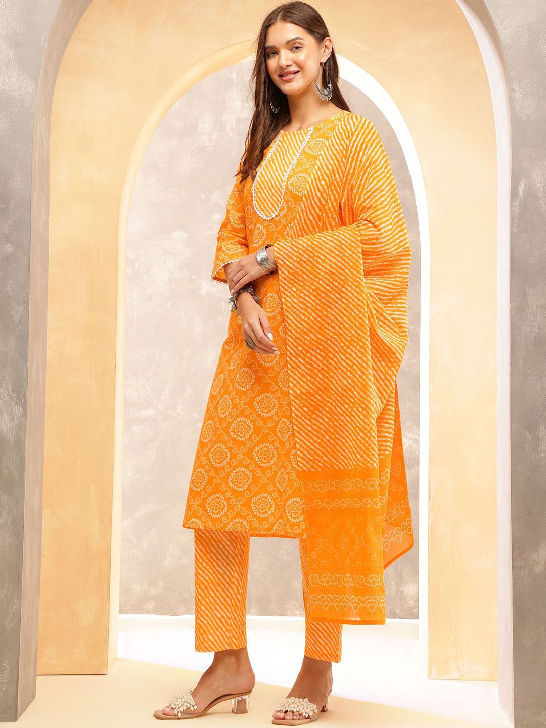 Anouk Women Ethnic Motifs Printed Regular Sequinned Pure Cotton Kurta with Trousers & With Dupatta