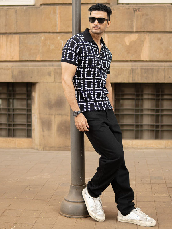 Powerlook SS25 Geometric Knit Polo Collar T-Shirt Kapas Tulen