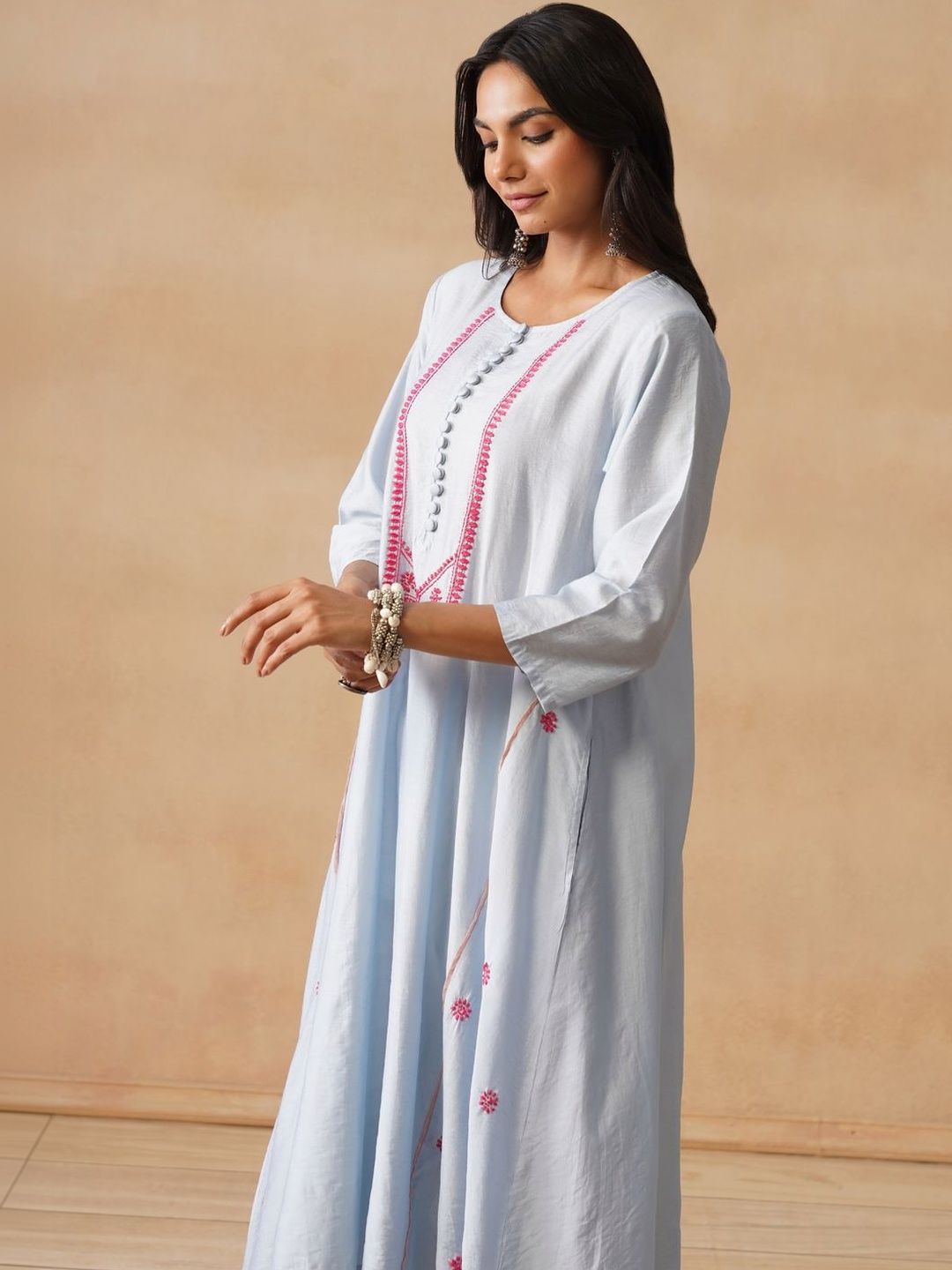 House of Chikankari Women Solid Blue Cotton A-Line Kurta